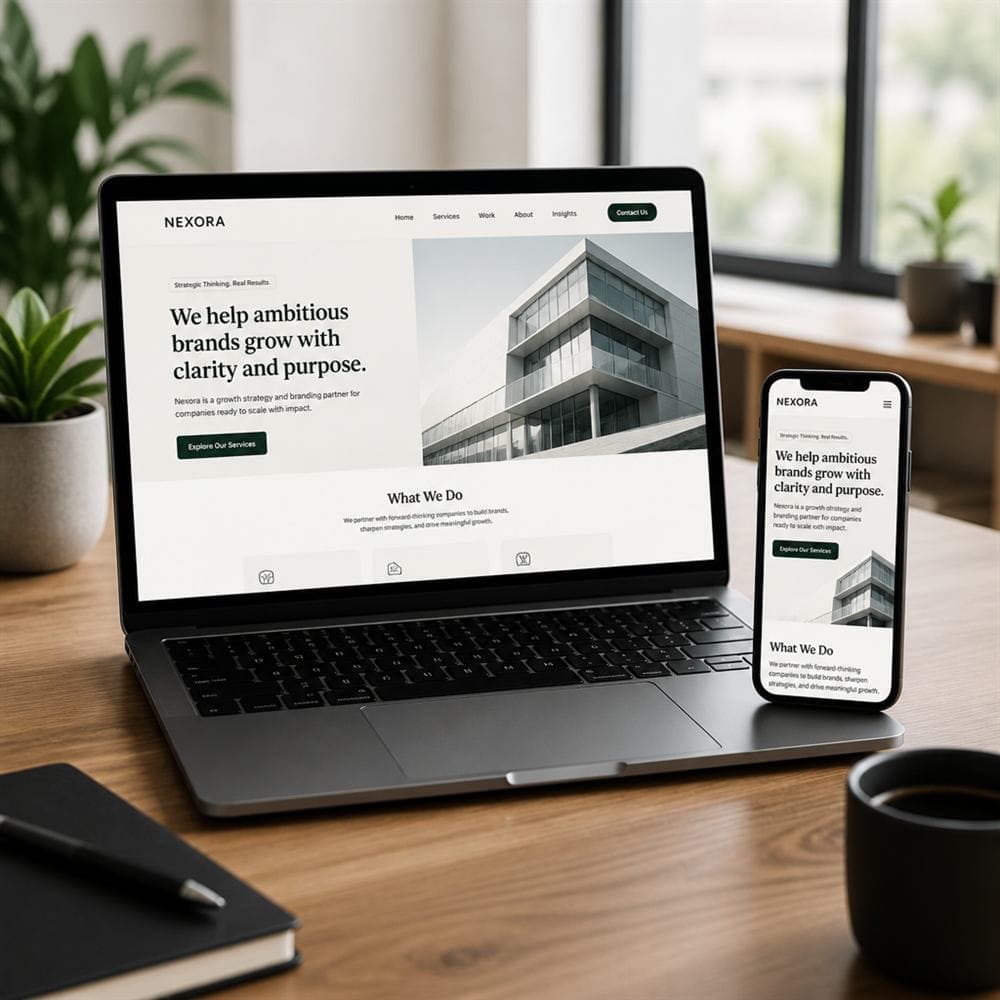 A business website shown live on a laptop and phone