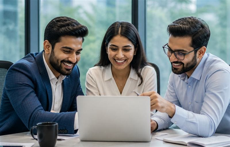 A small business team reviewing their new website together